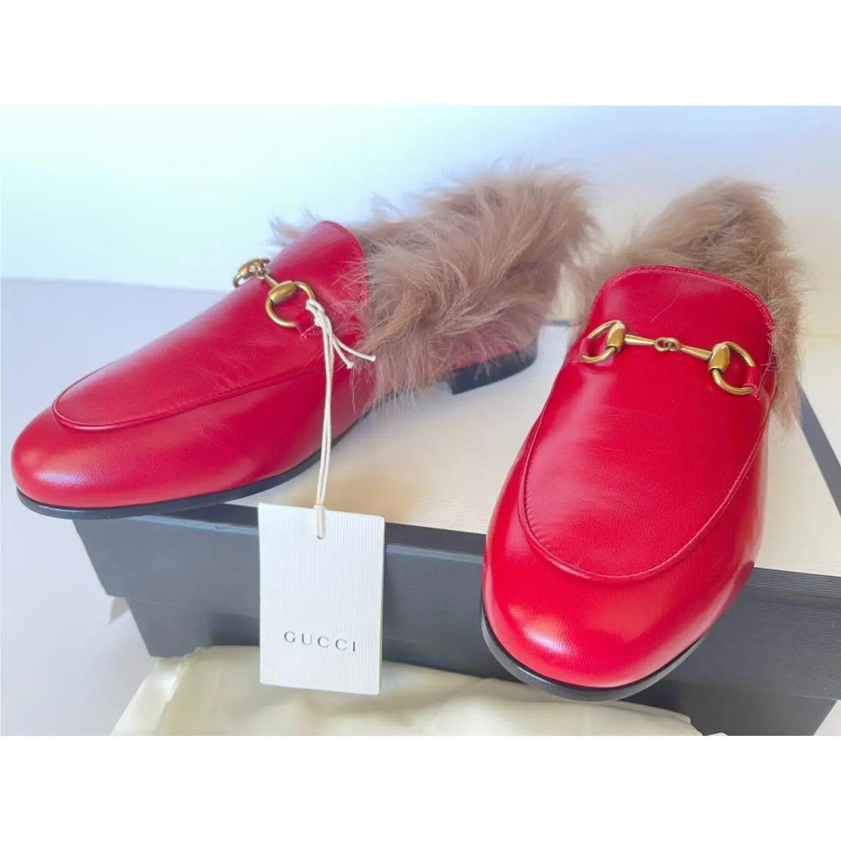 Gucci Womens Jordaan Horsebit Leather Lamb Fur Loafers Sz 37.5 / US 7.5