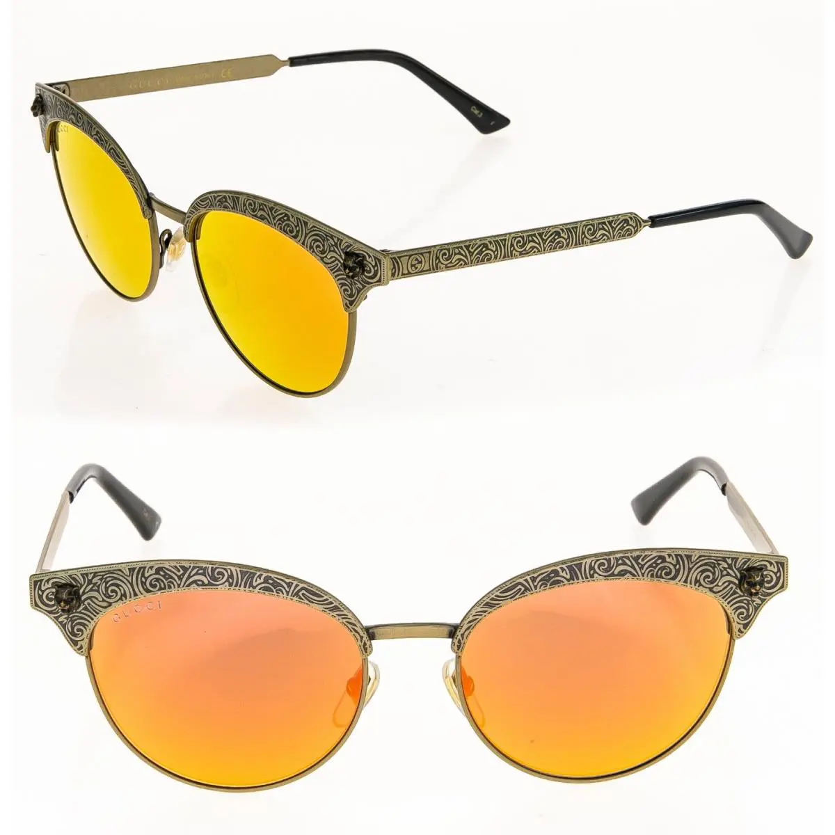 Gucci GG0220S Brass Bronze Filigree Orange Wild Cat Stud Sunglasses 0220 001