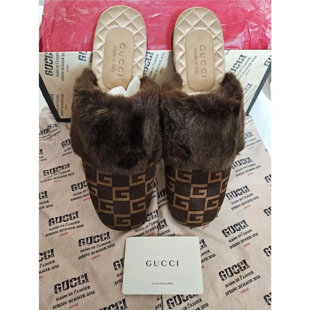 Gucci Men`s Square G Fur Slippers Brown GG Monogram Slides Size 8 Italy