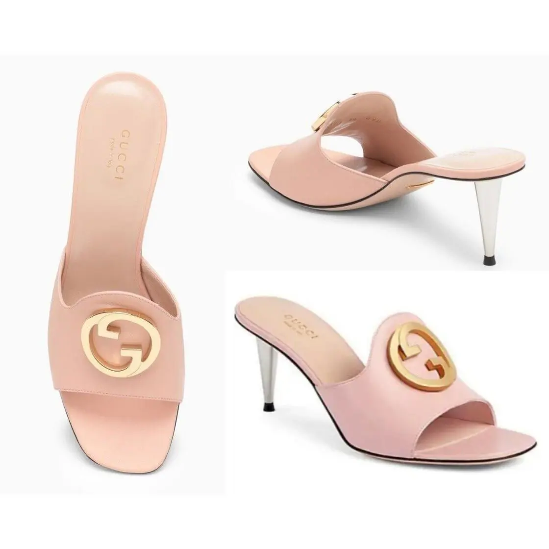Blondie 65 Interlocking G Leather Sandals Heeled Mules Pink sz 38.5 by Gucci
