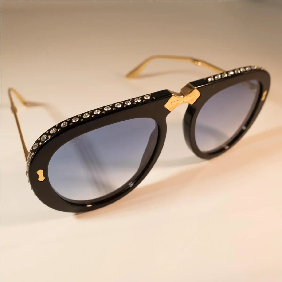 GG0307S 56mm Foldable Aviator Sunglasses in Black W.crystals and Blue Lens by Gucci