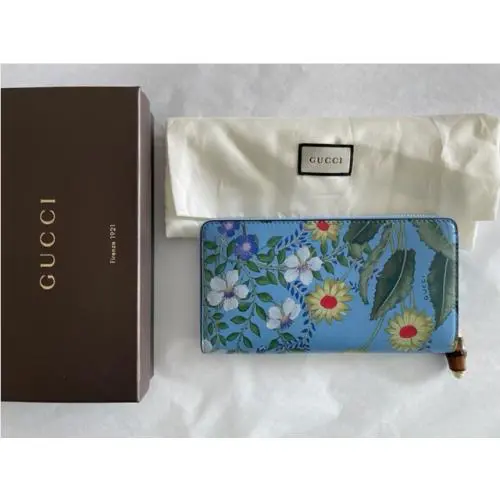 Gucci Nymphae Azure Shanghai Blue Large Floral Zip Wallet Purse Italy Bag