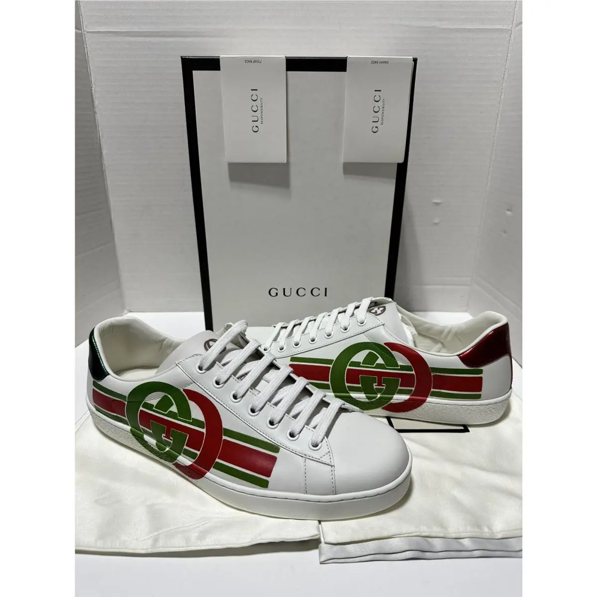 Gucci UK 9 Men US 9.5 White Red Green GG Logo Low Top Lace Up Sneakers Shoes