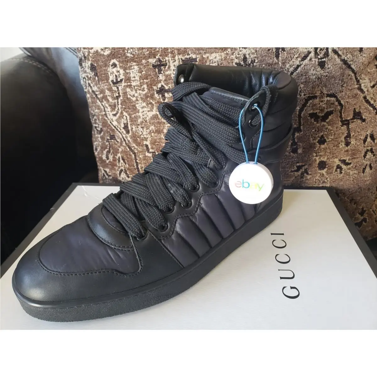 Luxury Gucci Hi Top Sneaker Black Nylon Calf Leather 9.5 UK/10.5 US 400