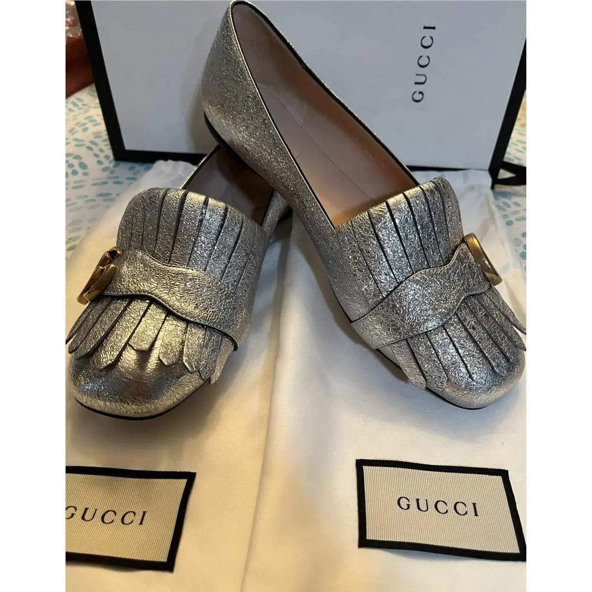 Gucci Silver Galassia Ballerina Platino Fringe Metallic Leather Flat Sz 38 US 7
