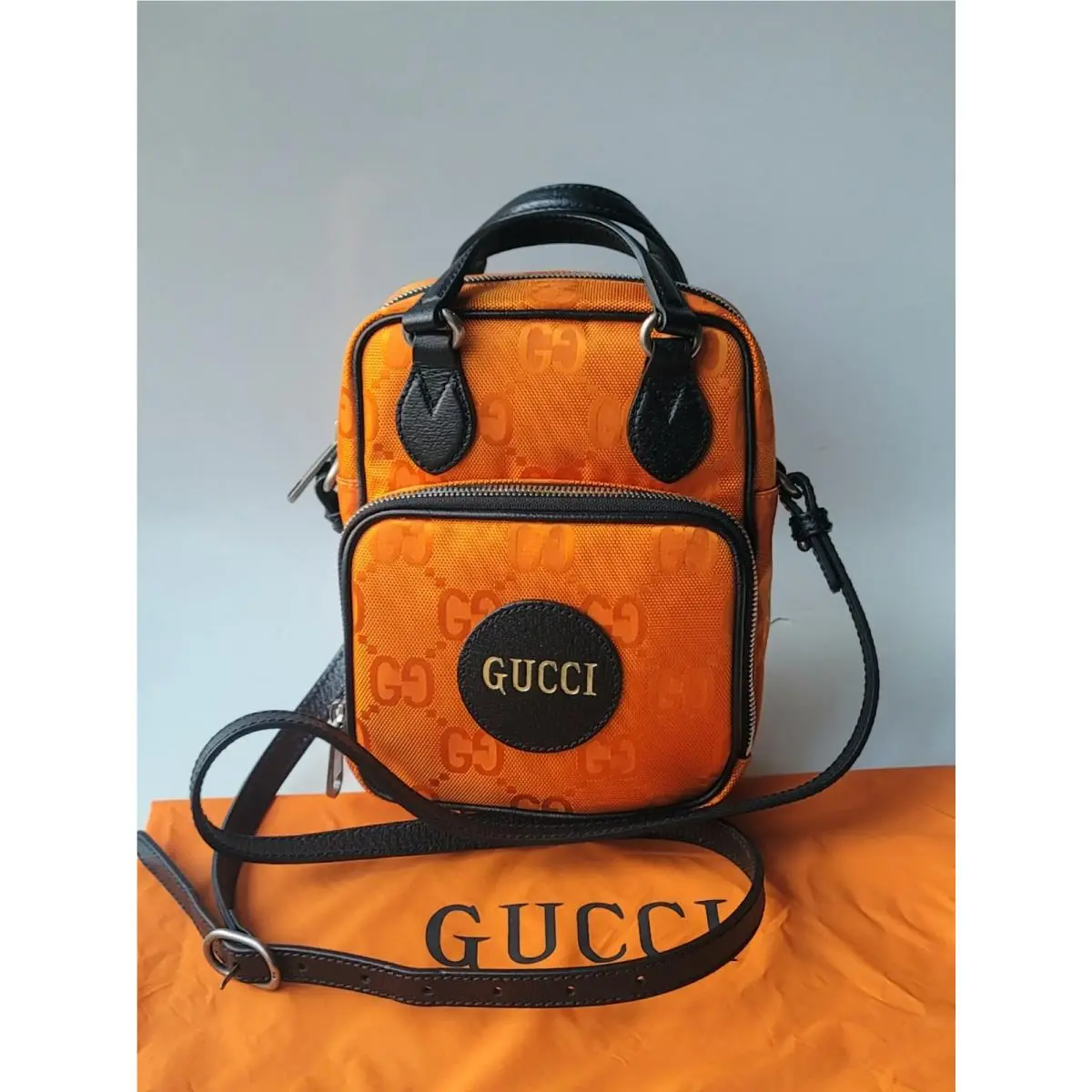 Gucci Off The Grid Orange GG Nylon Black Leather Bag Crossbody Shoulder 2-way