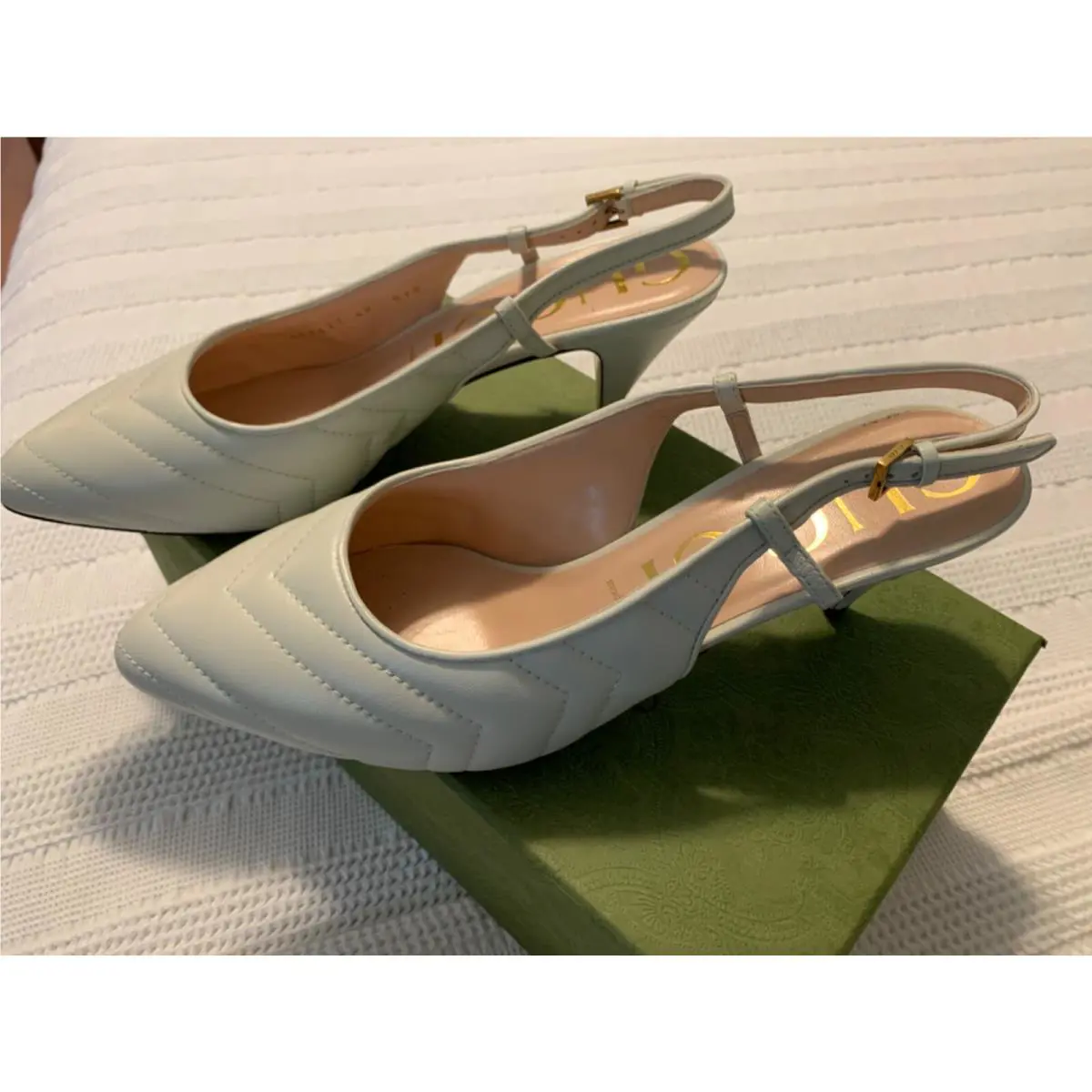 Matelasse Chevron Charlotte White Leather Slingback Shoes Size EU40 by Gucci