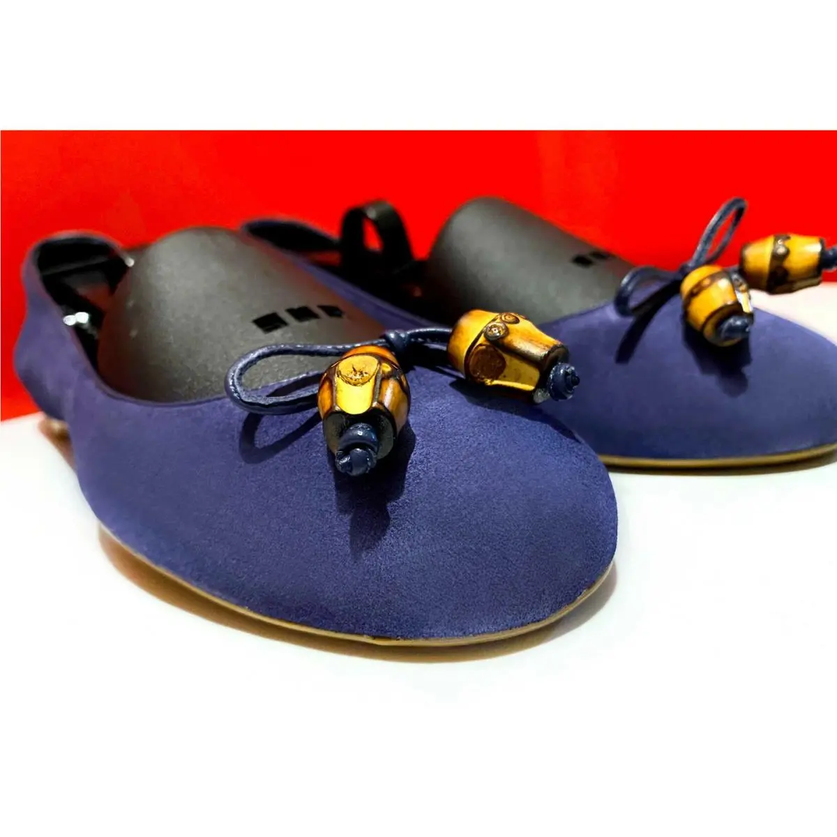 Gucci Iconic Women Blue Suede Leather Bamboo Bits Shoes Flats 37.5