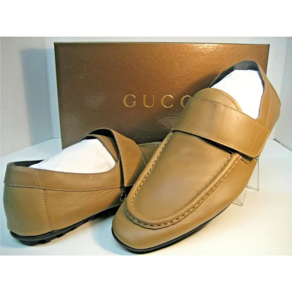 Gucci Men US 10.5 UK 10 Caramel Brown Leather Logo Slipon Loafers Boat Shoes