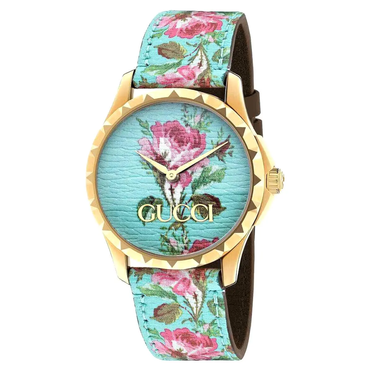Gucci YA1264085 G-timeless Aqua Floral Print Dial Leather Band Ladies Watch - Dial: Multicolor, Band: Multicolor, Bezel: Gold