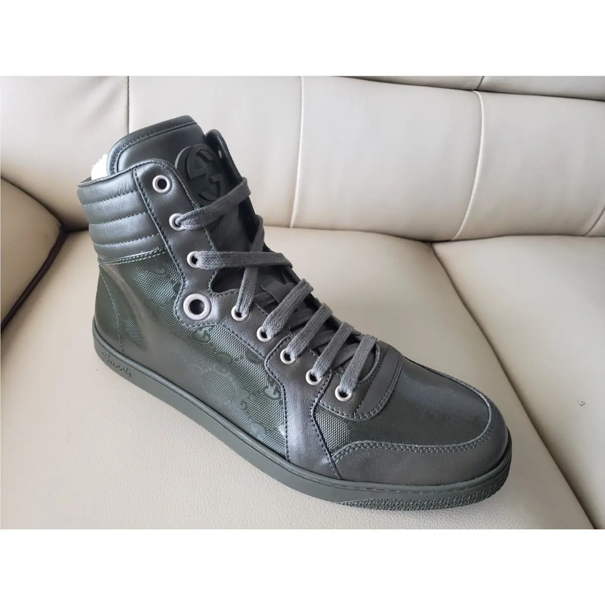 Gucci Luxury Men Green Hi Top Sneaker Leather Canvas 8.5G UK 9.5G US Ret$1 000
