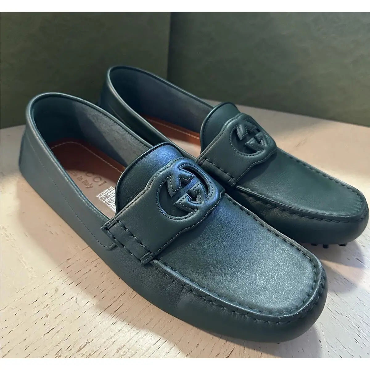 Gucci Men Leather GG Driver Loafers Shoes Green 8.5 US/7.5 UK 730148