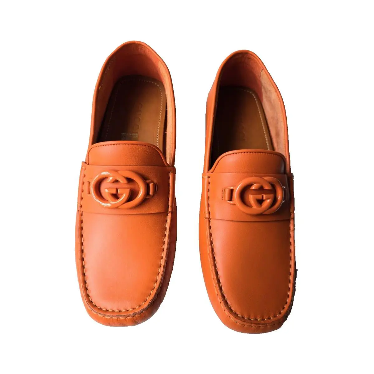 Gucci Men`s US 8.5 UK 7.5 Orange Leather GG Logo Driving Loafer Moccasin Ayrton