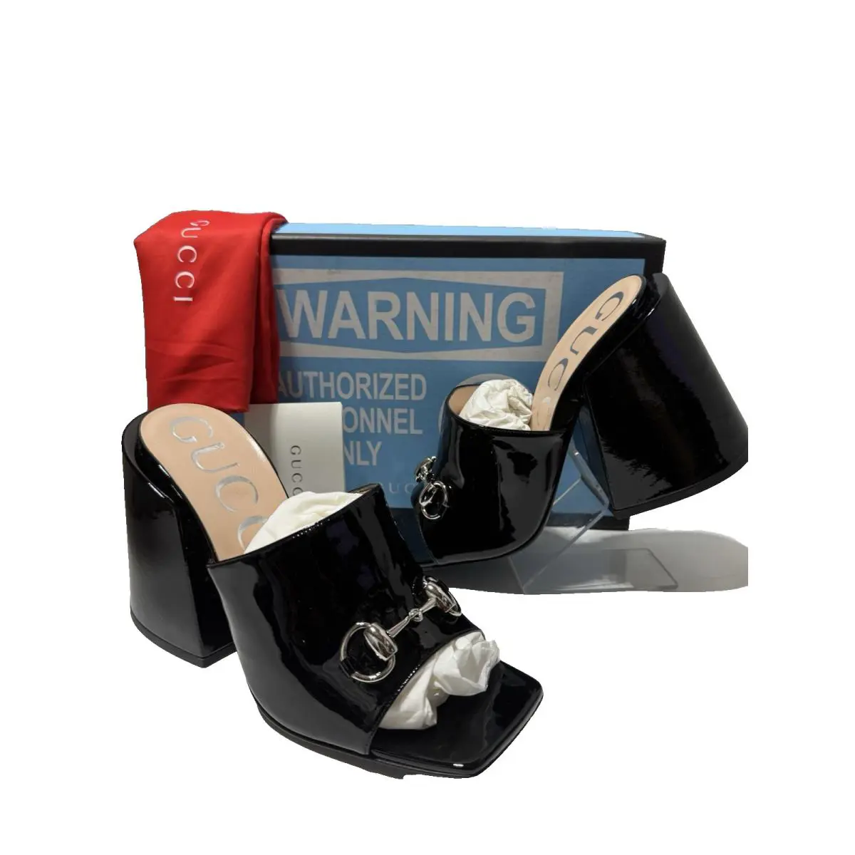 US 9 EU 39 Horsebit Black Patent Leather High Heel Sandals Slides by Gucci