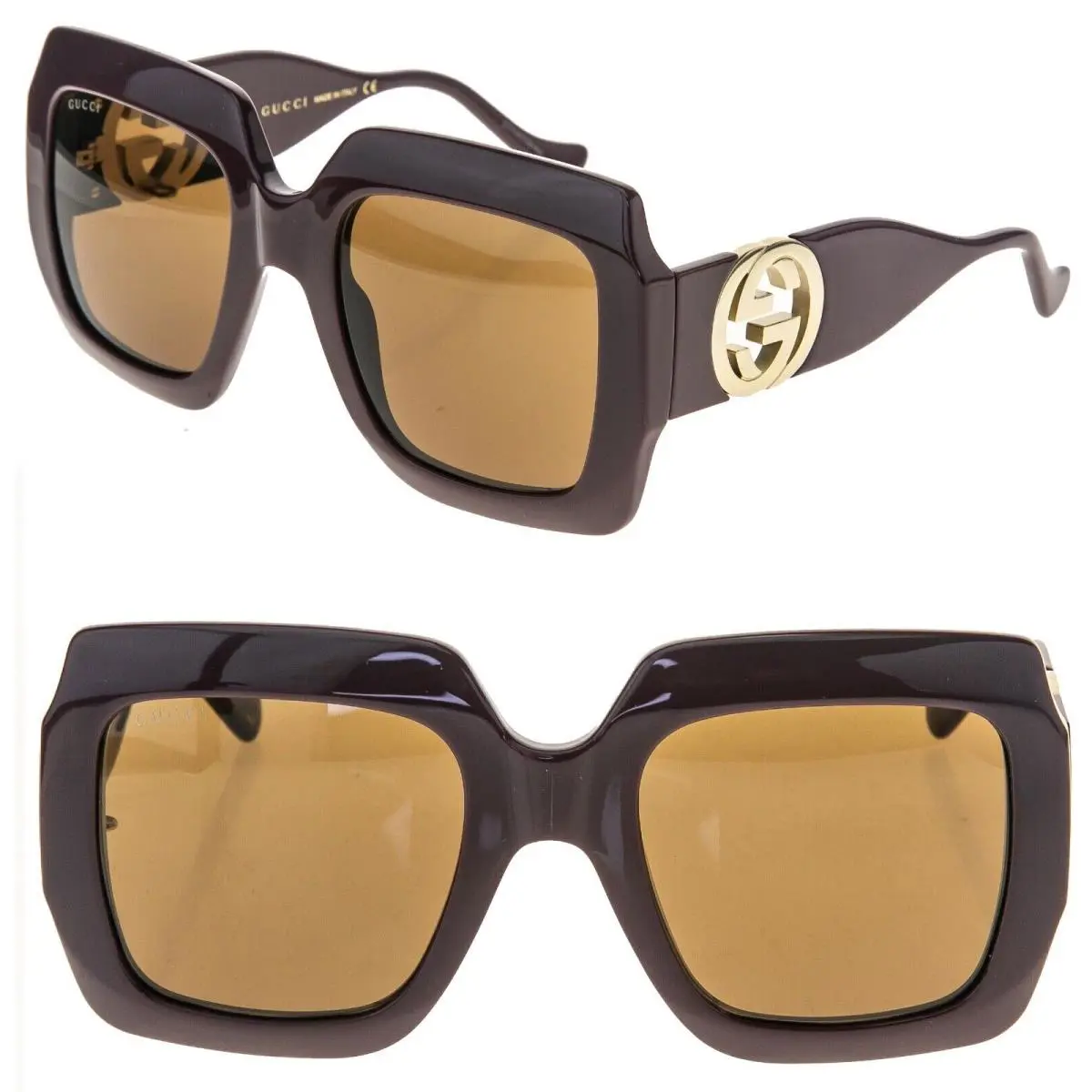Gucci 1022 Brown Red 002 GG Gold Logo Chunky Sunglasses GG1022S Women