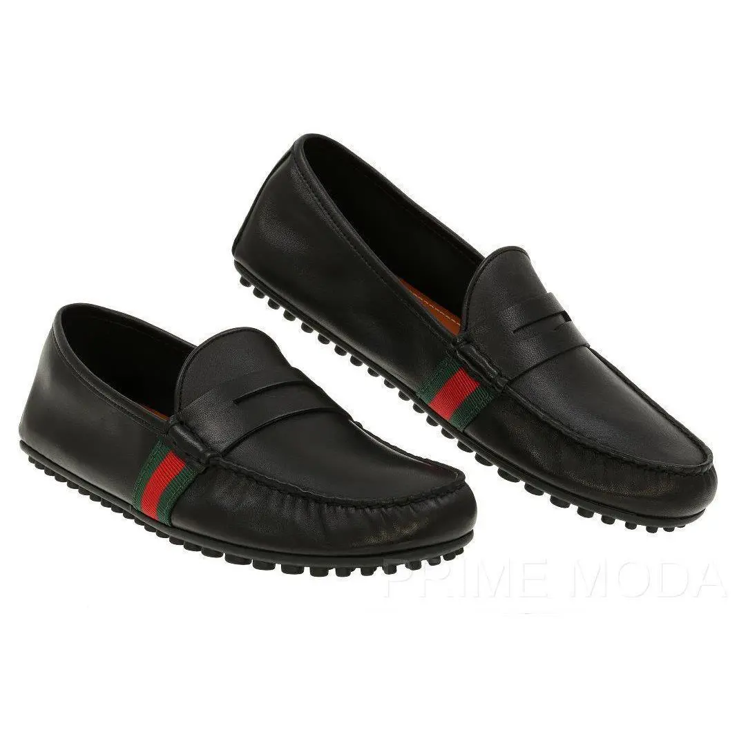 Black Unlined Leather Web Detail Moccasins Driver Shoes 12 G/us 12.5 by Gucci