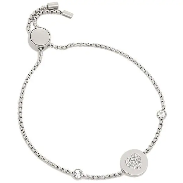 Michael Kors Silver Tone Chain Link Pave Heart Charm Slider Bracelet MKJ5044