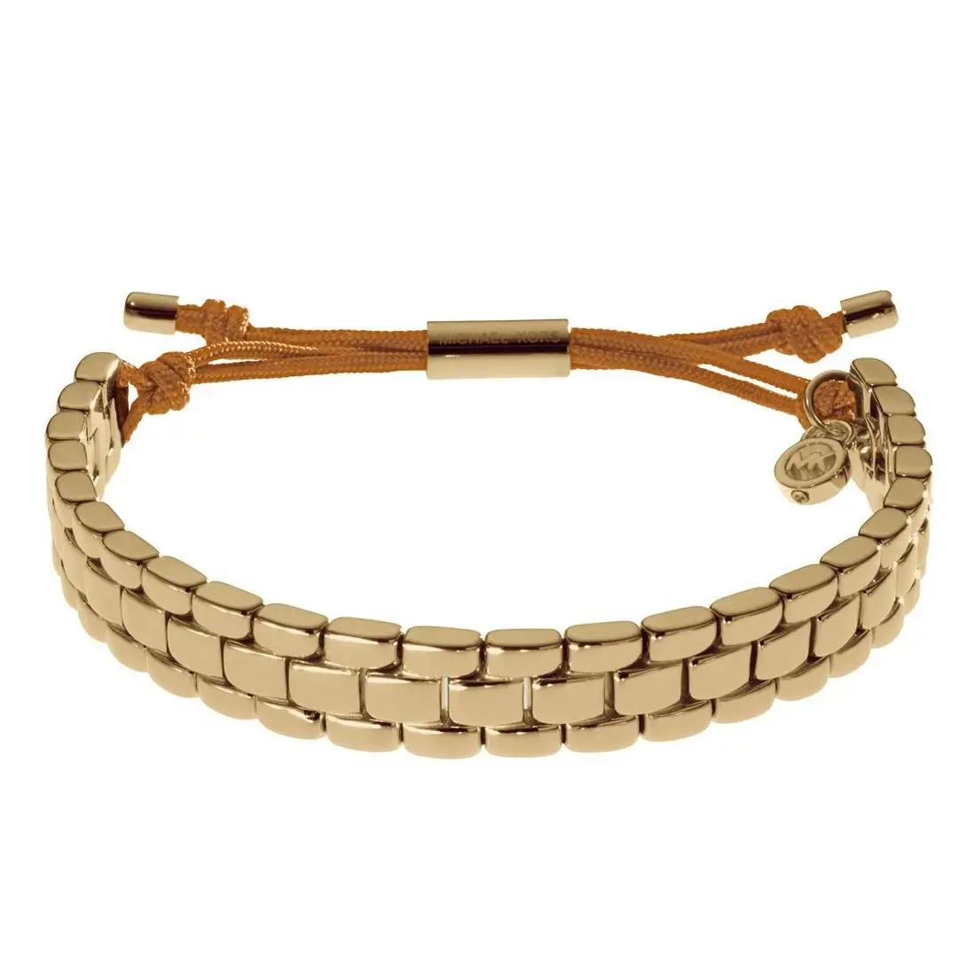 New-michael Kors Gold Tone Watch Links+silk Adjustable Tan Rope Bracelet MKJ2017