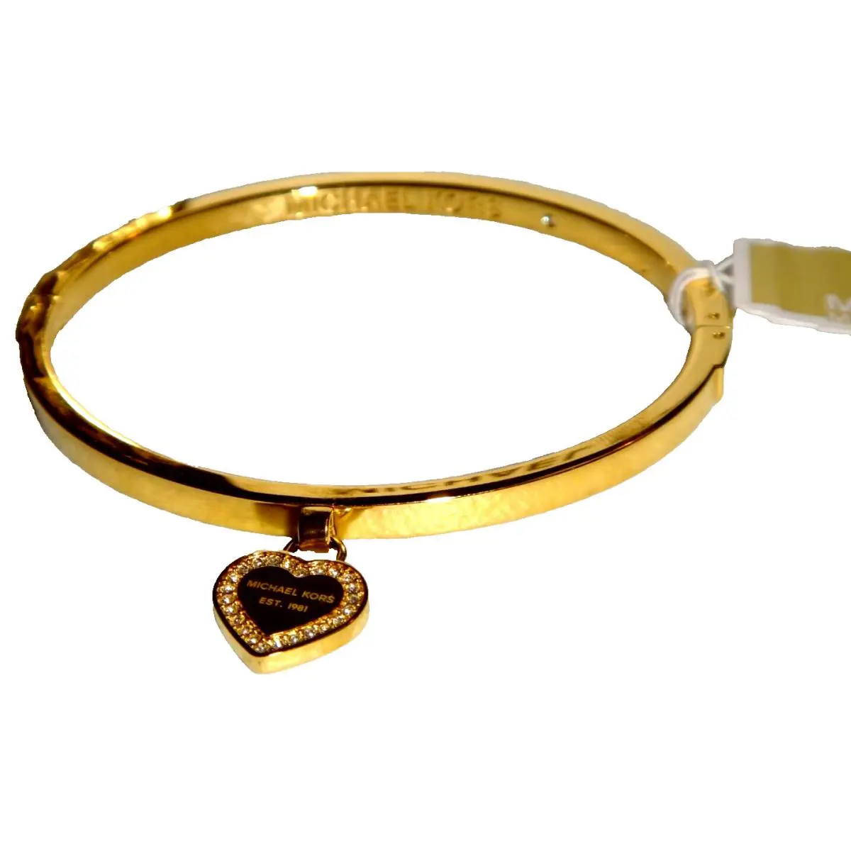 Michael Kors MK Logo Heart Yellow Gold Bangle Bracelet Crystals MKJ5037710 + Box