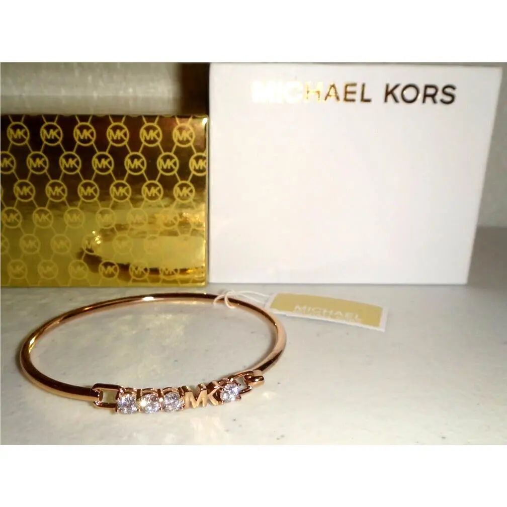 Michael Kors MK Logo Rose Gold S/ Steel Bracelet 4 Crystals MKJ7318791 + MK Box