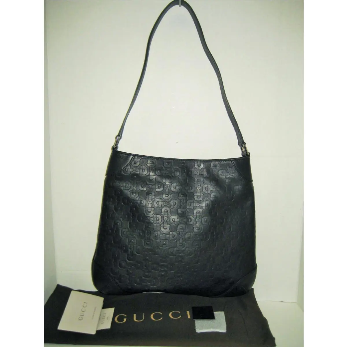 Gucci Emboss Horsebit Logo Hobo Black Leather Shoulder Bag Handbag