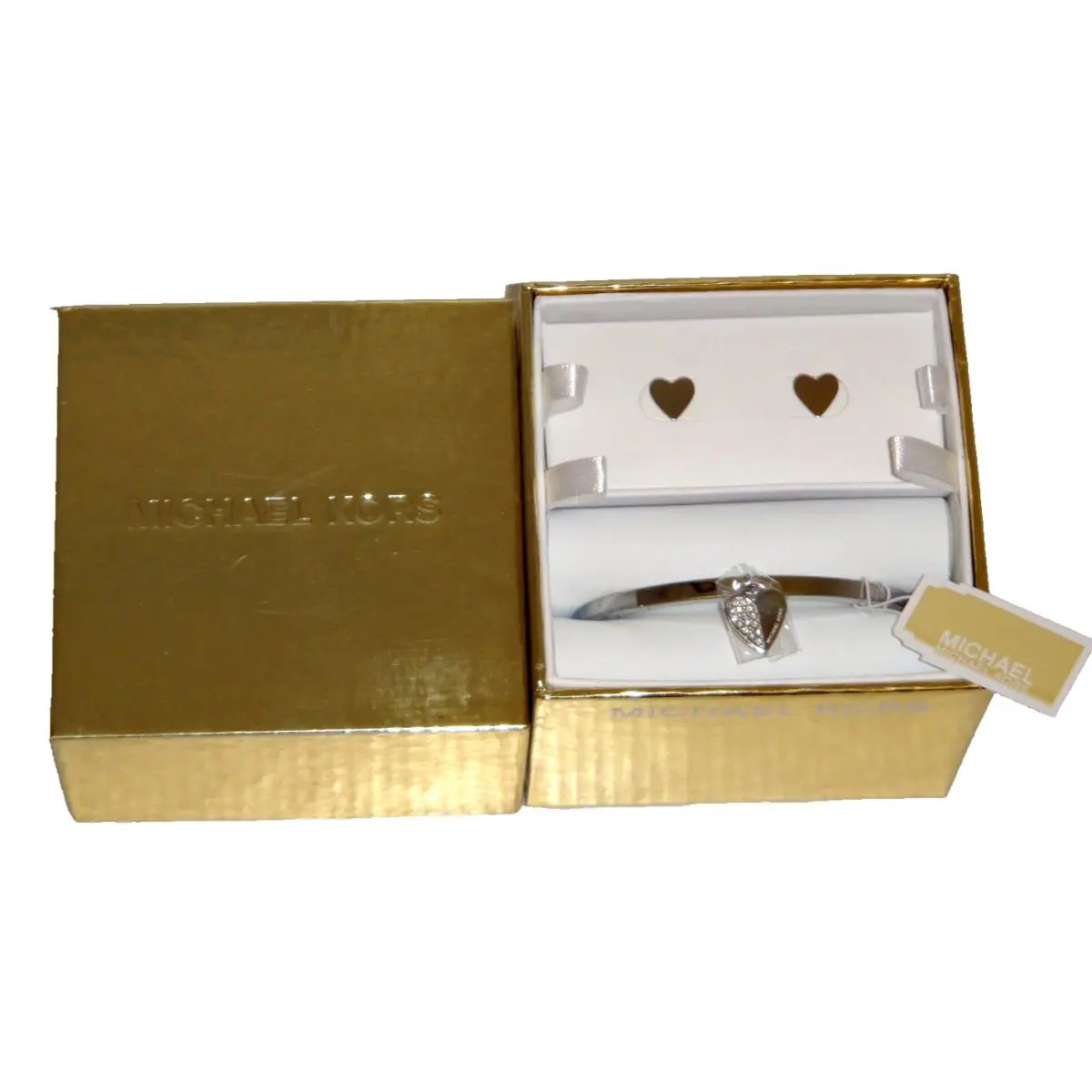 Michael Kors Gift Set Silver Bangle Bracelet Heart Earrings MKJ5938040 + MK Box