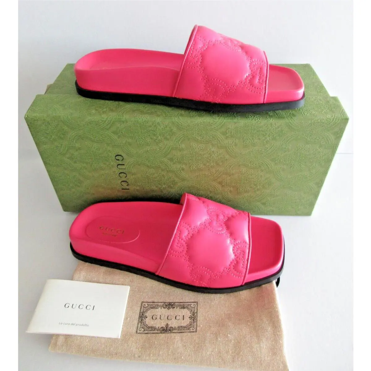 Gucci GG Charlotte Flats Pink Leather Slides Sandals Shoes Size 7.5 37.5 694714
