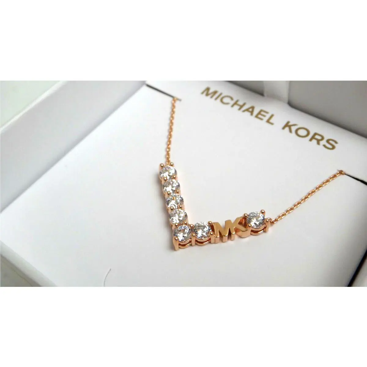 Michael Kors Rose Gold MK Logo Necklace 7 Single Crystals MKJ7315791 + MK Box