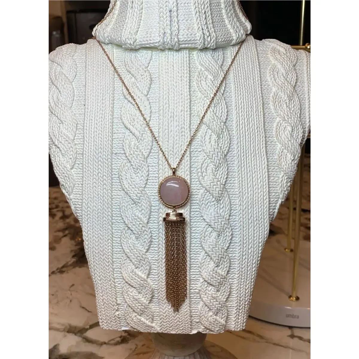 Michael Kors Rose Gold-tone Pink Stone Fringe Pendant Necklace MKJ6555791