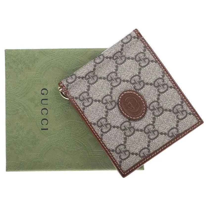 Gucci GG Supreme Brown Leather Interlocking G Money Clip Card Wallet W/box