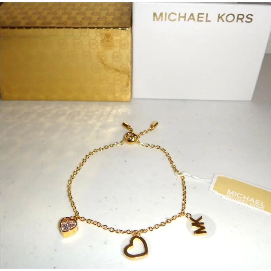 Michael Kors 3-PC MK Logo 2 Hearts Gold Slider Bracelet Crystals MKJ7779710 +box