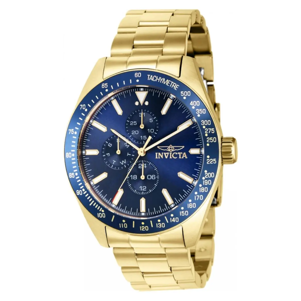 Watch Invicta 38967 Aviator Men 45 mm Quartz Stainless Steel - Dial: Blue, Band: Gold, Bezel: Blue
