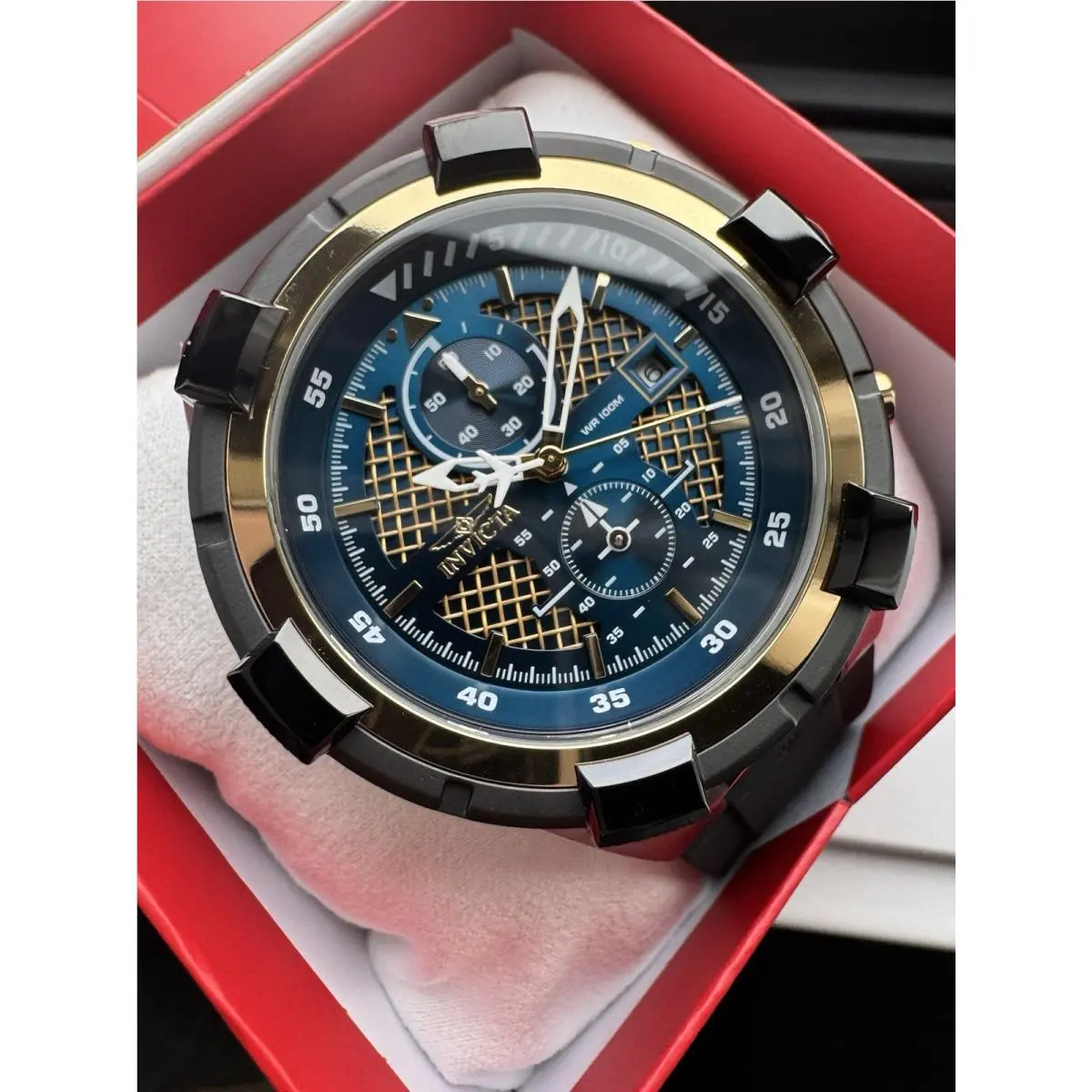 Invicta Aviator Men`s Chronograph Watch 44523 Black Silicone Blue Gold Dial