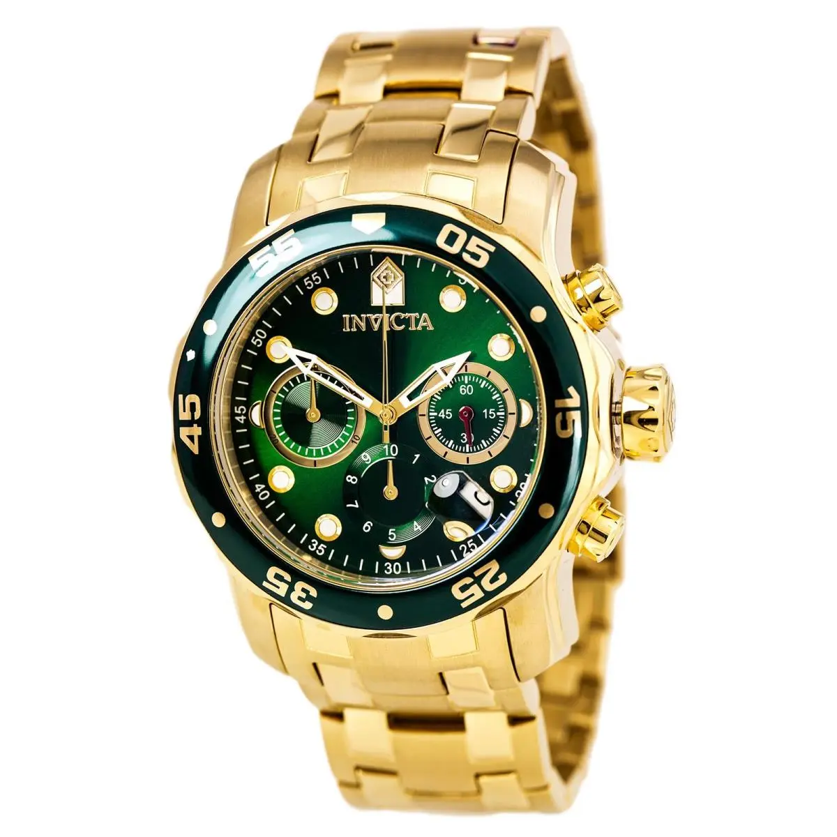 Invicta Men`s Watch Pro Diver Chronograph Green Dial Yellow Gold Bracelet 0075