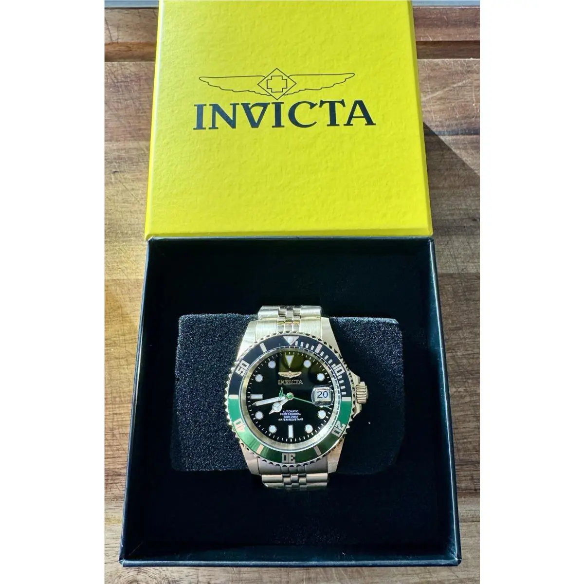 29184 - Invicta Pro Diver Automatic Men`s Watch - 42mm Gold W/black-green Bezel - Dial: Black, Band: Gold