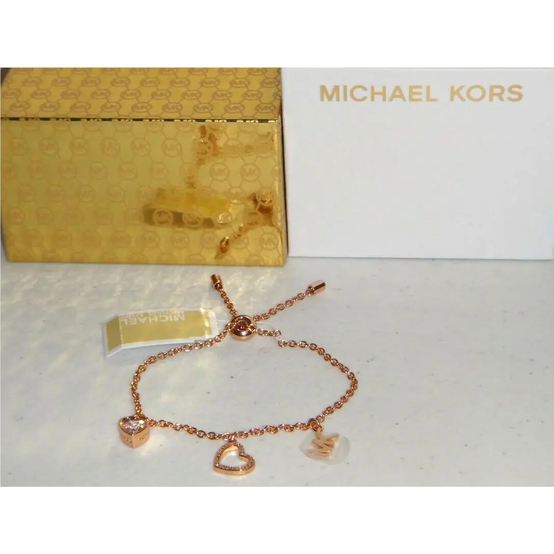 Michael Kors 3-PC MK Logo 2 Hearts Gold Slider Bracelet Crystals MKJ7781791 +box