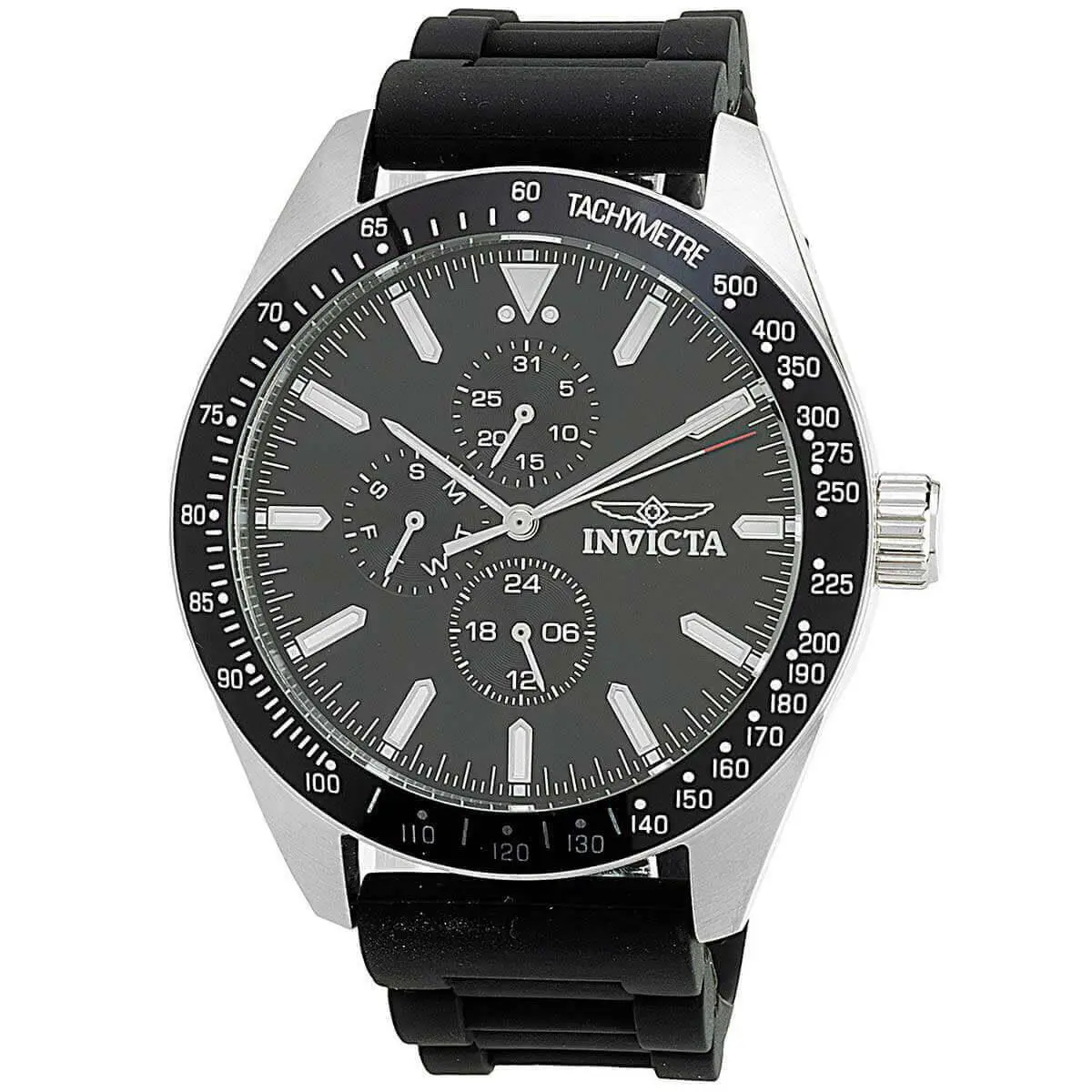Men`s Watch Aviator Chrono Silver Tone Case Black Silicone Strap 38402 by Invicta