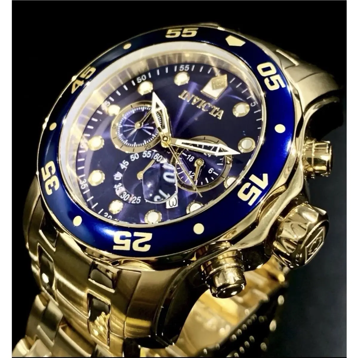 Invicta 0073 Pro Diver Scuba 48mm Quartz Chronograph Blue Dial Gold Steel Watch