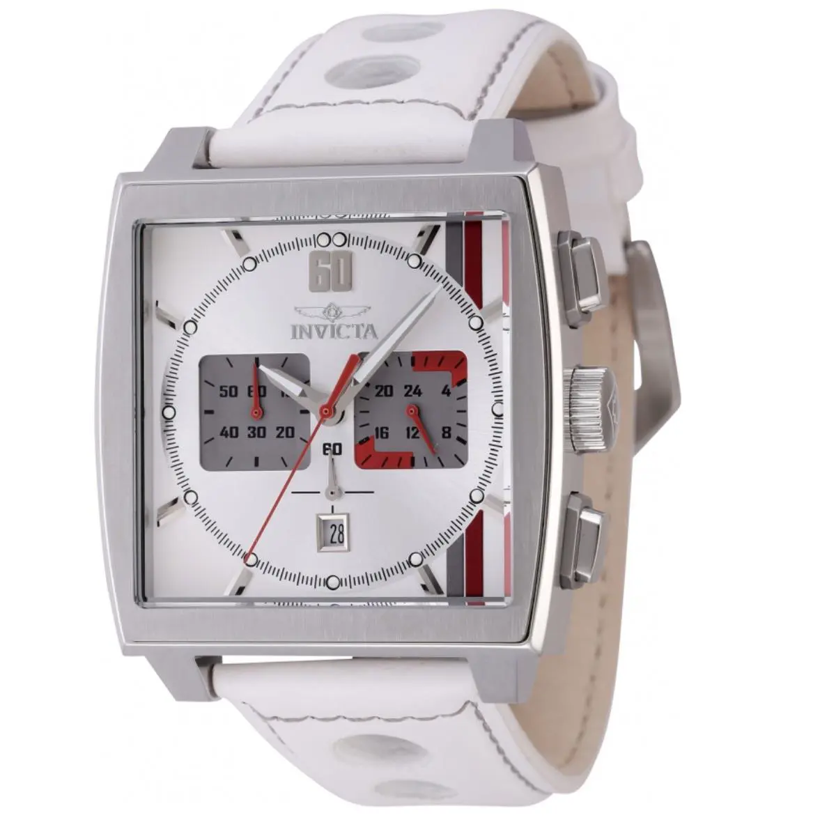 Invicta S1 Rally Cuadro Monaco Men`s 45mm White Gmt Leather Chrono Watch 46837 - Dial: Gray, Red, Silver, White, Band: White, Bezel: Silver