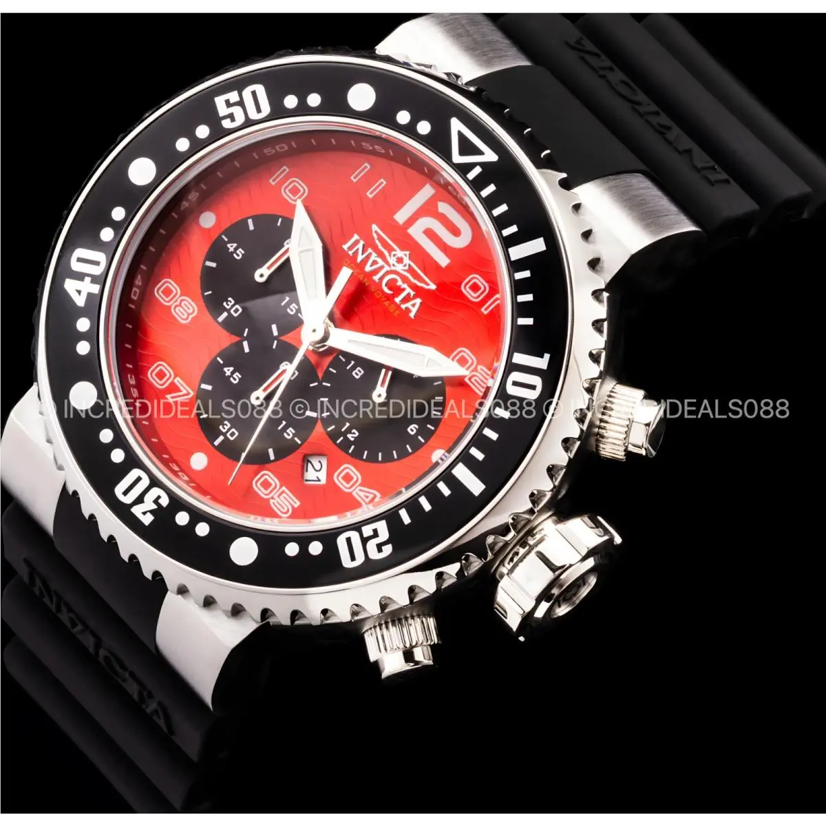 Men Grand Pro Diver Chronograph Silver Red Black Dial Strap 52mm Watch by Invicta