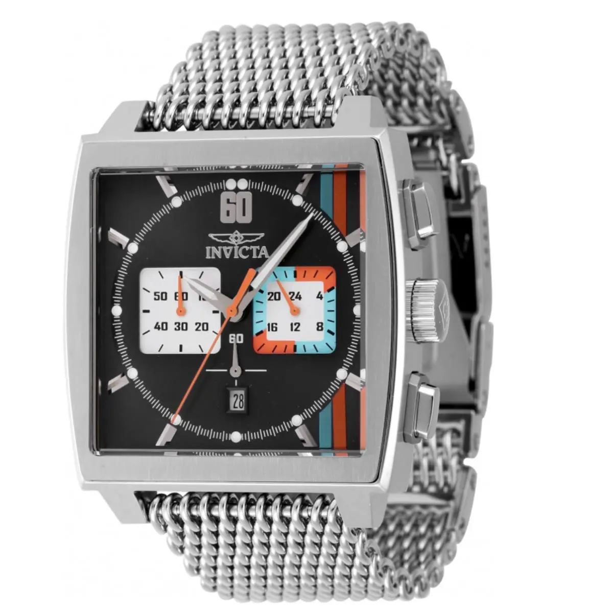 Invicta S1 Rally Cuadro Men`s 45mm Monaco Racer Mesh Bracelet Chrono Watch 47244 - Dial: Black, Blue, Orange, Silver, White, Band: Silver, Bezel: Silver