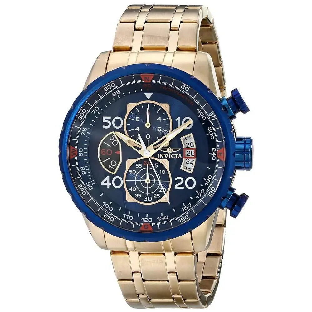 Invicta Men`s Watch Aviator Chronograph Blue and Gold Tone Dial Bracelet 19173