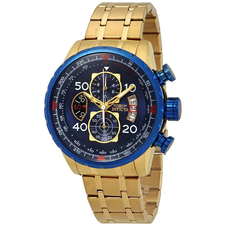 Invicta Aviator Chronograph Blue Dial 18kt Gold-plated Men`s Watch 19173 - Dial: Blue, Band: Gold, Bezel: 18kt Gold-plated