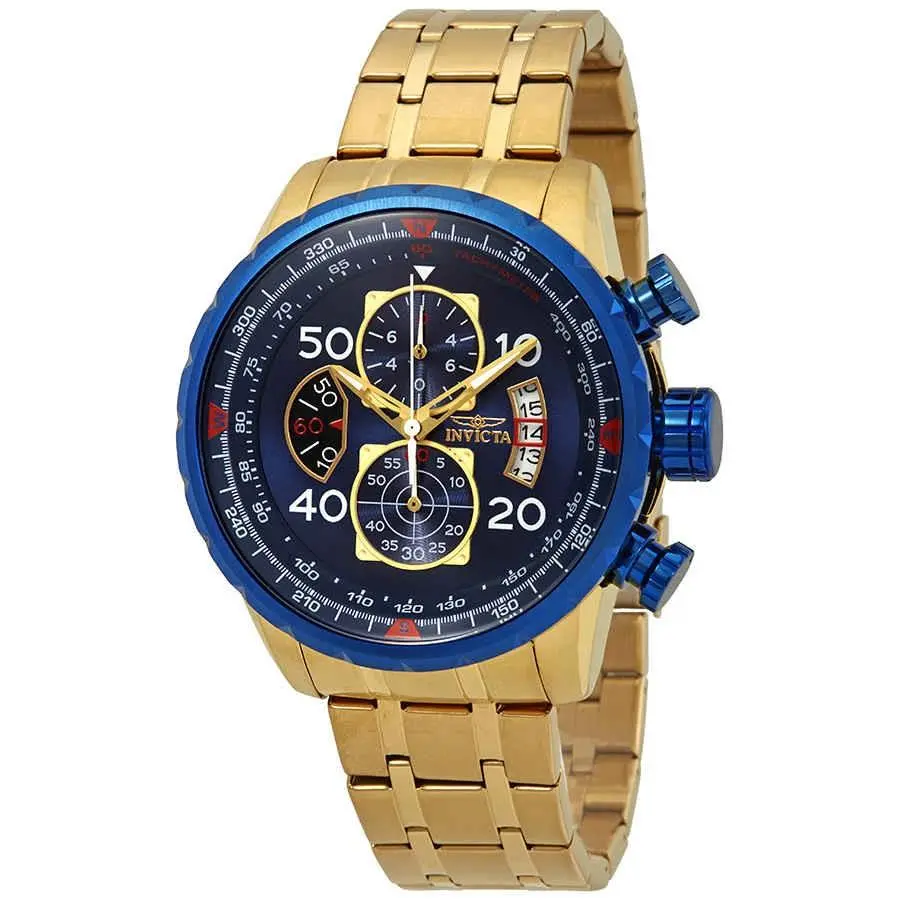 Invicta Aviator Chronograph Blue Dial 18kt Gold-plated Men`s Watch 19173 - Dial: Blue, Band: 18kt Gold-plated, Bezel: 18kt Gold-plated
