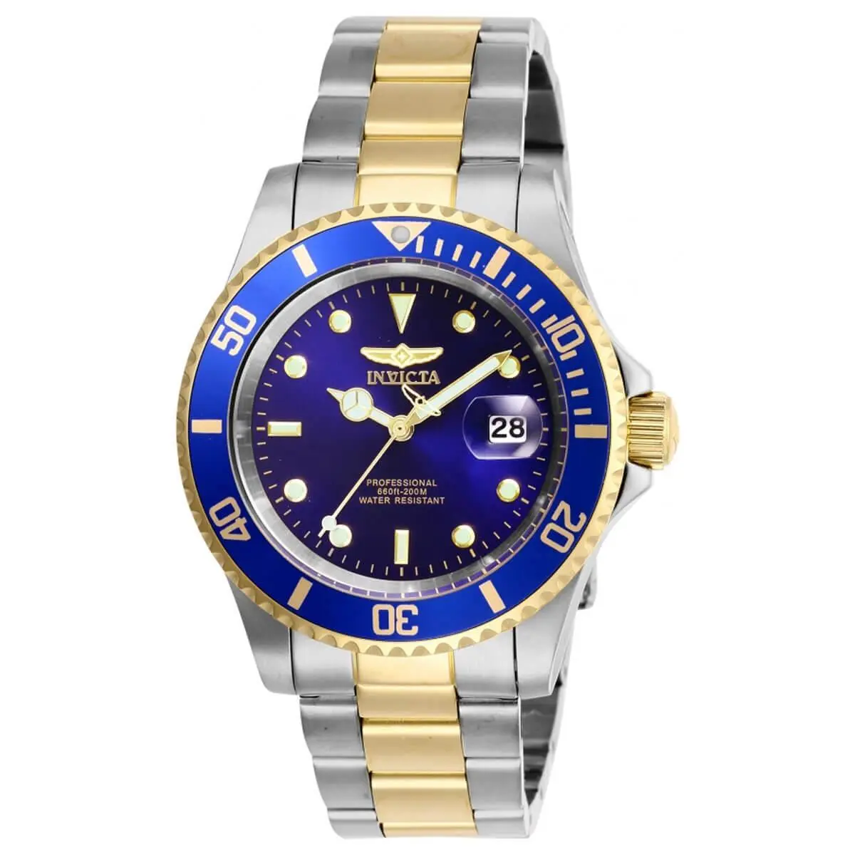 Invicta Men`s Watch Pro Diver Quartz Blue Dial Yellow Two Tone Bracelet 26972