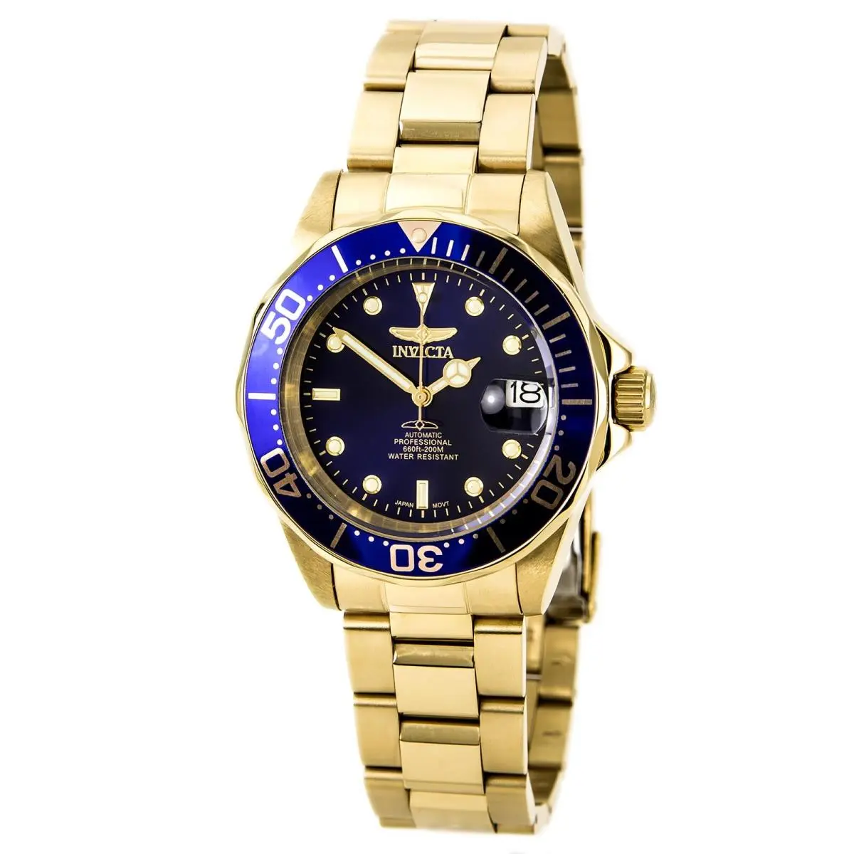 Invicta Men`s Watch Pro Diver Automatic Blue Dial Yellow Gold Bracelet 8930
