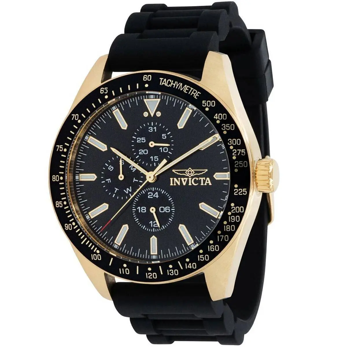 Invicta Men`s 38404 Aviator Quartz Multifunction Black Dial Silicone Watch - Black, Dial: Black, Band: Black