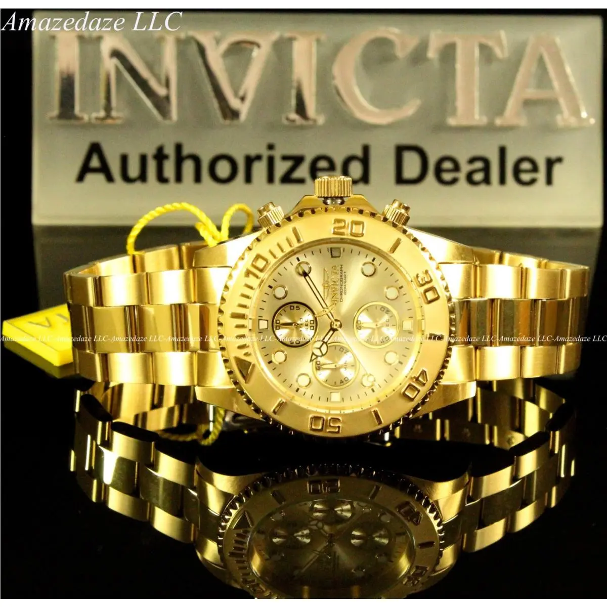 Invicta Mens 44mm Golden Dial VD55.B Chronograph Stainless Steel Watch - Dial: Golden, Band: Yellow Gold, Bezel: Gold