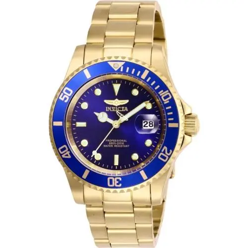 Invicta Men`s 26974 Pro Diver Quartz 3 Hand Blue Dial Watch - Dial: Blue, Band: Gold, Bezel: Blue