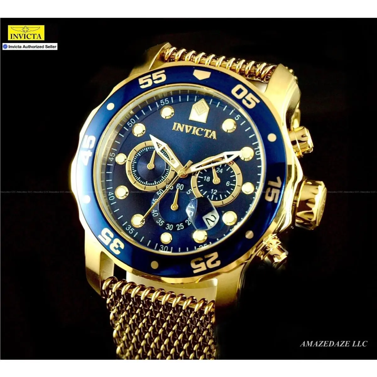 Invicta Men 48mm Pro Diver Scuba Chrono Mesh Bracelet Blue Dial SS Watch